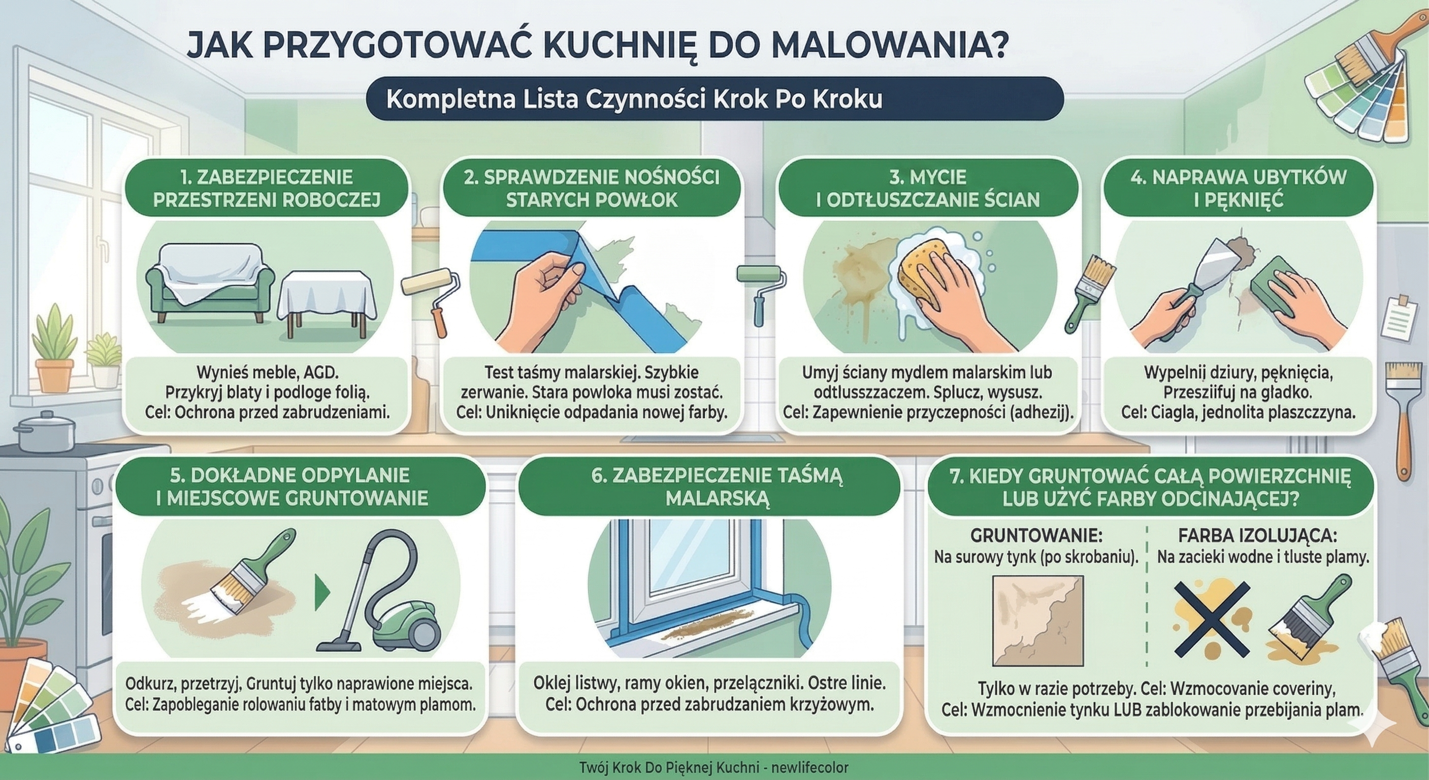 Infografika: przygotowanie kuchni do malowania — kolejność prac od zabezpieczenia po grunt i farbę